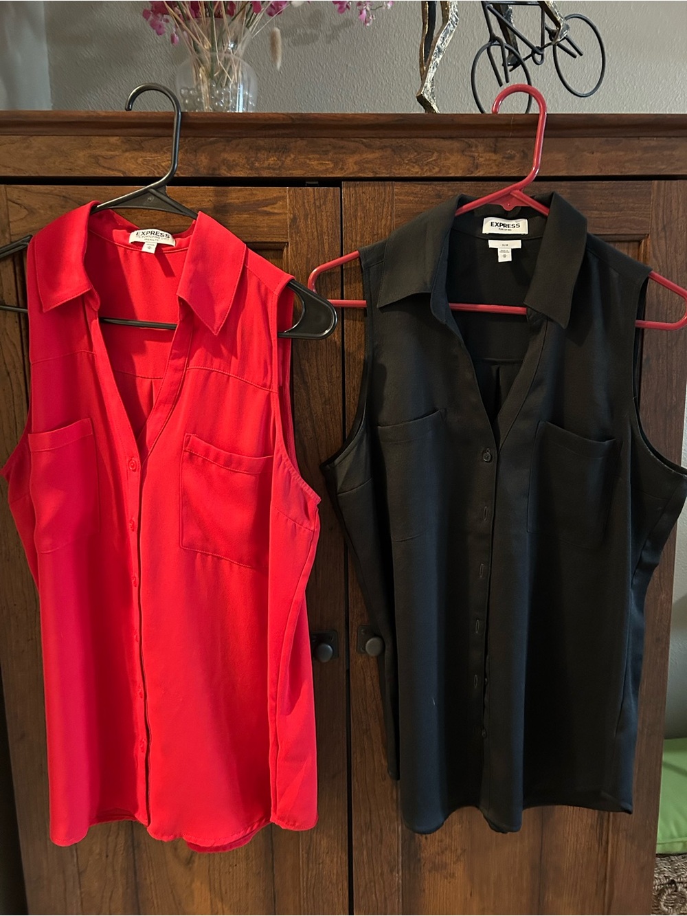 Express Sleeveless Button-Down Shell Top - Red and Black